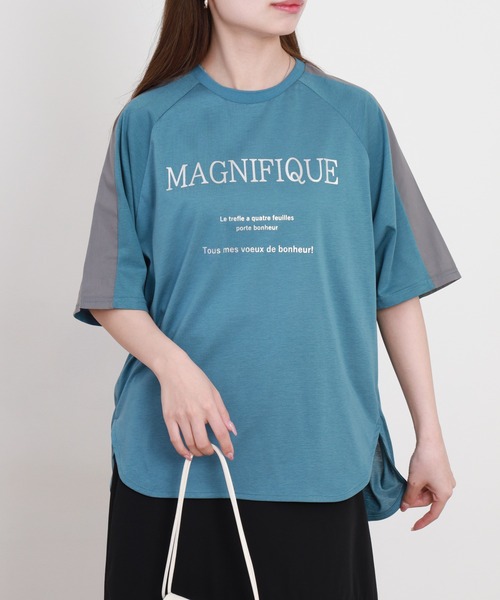 BRODIAEA（ブローディア）の「BRODIAEA 箔ロゴプリント配色切り替え半袖Tシャツ ハイブリットコットン（Tシャツ/カットソー・レディース・オフホワイト/グレイッシュベージュ/ブルーグリーン/ブラック・40）」の4枚目の写真