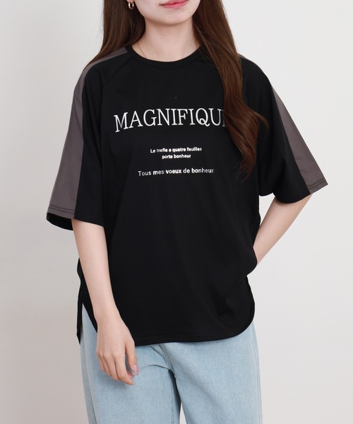 BRODIAEA（ブローディア）の「BRODIAEA 箔ロゴプリント配色切り替え半袖Tシャツ ハイブリットコットン（Tシャツ/カットソー・レディース・オフホワイト/グレイッシュベージュ/ブルーグリーン/ブラック・40）」の2枚目の写真