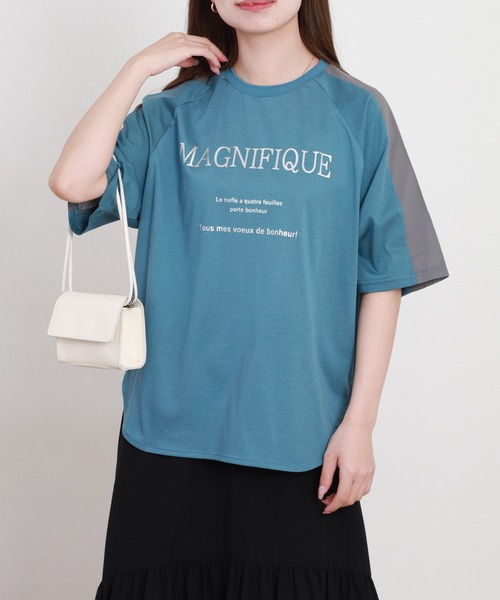 BRODIAEA（ブローディア）の「BRODIAEA 箔ロゴプリント配色切り替え半袖Tシャツ ハイブリットコットン（Tシャツ/カットソー・レディース・オフホワイト/グレイッシュベージュ/ブルーグリーン/ブラック・40）」の16枚目の写真