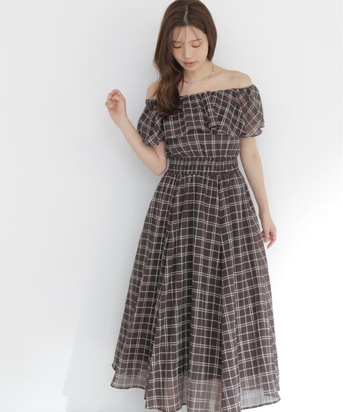 PROPORTION BODY DRESSING(プロポーションボディドレッシング)の「シアーチェック2WAYオフショルワンピース / 1216140505(ワンピース・レディース・ブラウン/ホワイト系その他・MEDIUM/P/S/SMALL)」の1枚目の写真