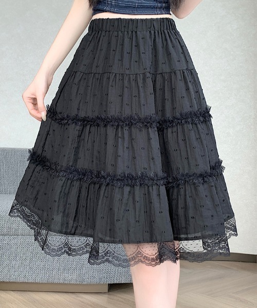 AMAJI（アマジ）の「フリル レース ティアード ミディスカート（スカート・レディース・ブラック/ホワイト/ベージュ・SMALL/MEDIUM/LARGE/X-LARGE）」の4枚目の写真