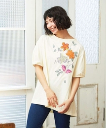 【接触冷感】Fresco 天竺フラワーアップリケTシャツ