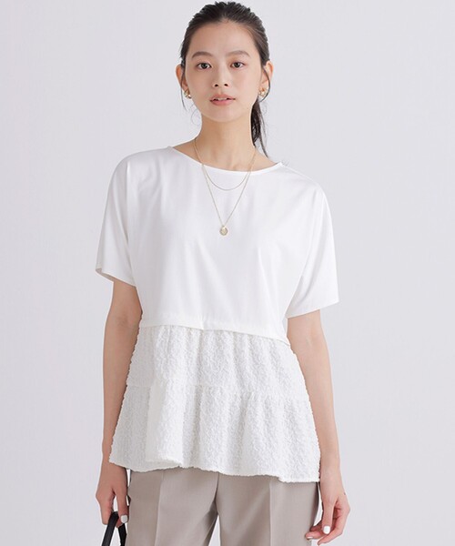 組曲 S(クミキョク チイサイサイズ)の「パフジャカードコンビジャージー ペプラムカットソー(Tシャツ/カットソー・レディース・ブラック系/ホワイト系/グレー系/グリーン系・S2)」の1枚目の写真