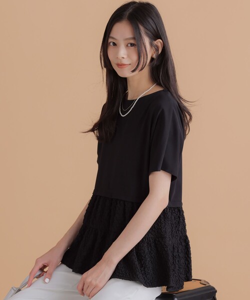 組曲 S(クミキョク チイサイサイズ)の「パフジャカードコンビジャージー ペプラムカットソー(Tシャツ/カットソー・レディース・ブラック系/ホワイト系/グレー系/グリーン系・S2)」の15枚目の写真