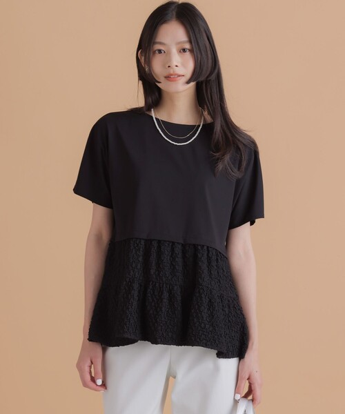 組曲 S(クミキョク チイサイサイズ)の「パフジャカードコンビジャージー ペプラムカットソー(Tシャツ/カットソー・レディース・ブラック系/ホワイト系/グレー系/グリーン系・S2)」の18枚目の写真