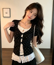ドット柄 前開きデザイン フィット T シャツ