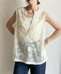 刺繍レースジャガード 深Vネック シアー メッシュベスト