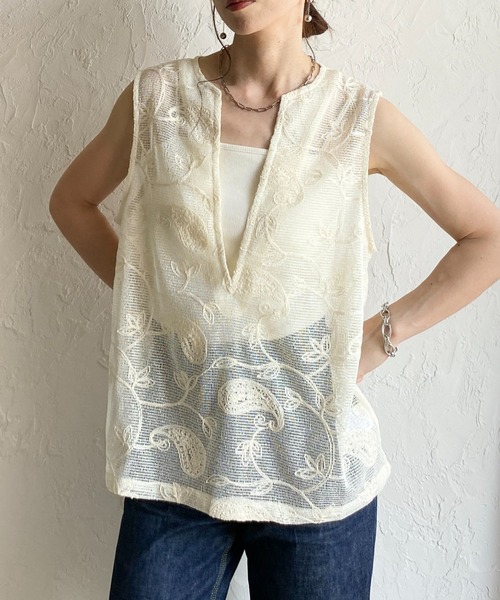 セール】刺繍レースジャガード 深Vネック シアー メッシュベスト