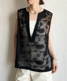 刺繍レースジャガード 深Vネック シアー メッシュベスト