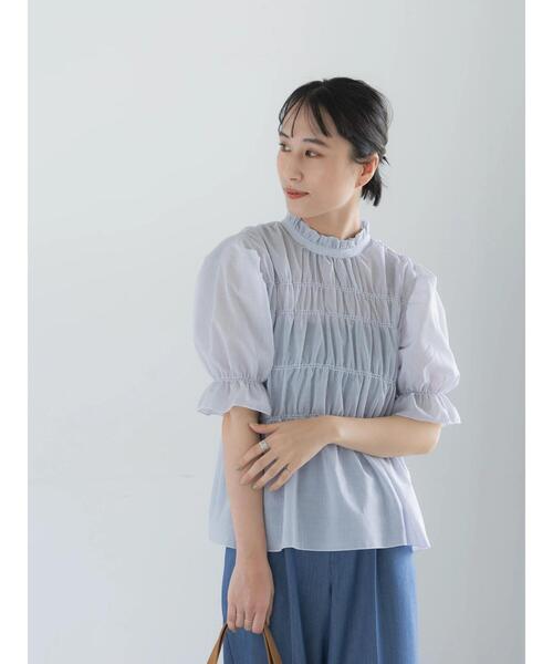 Te chichi(テチチ)の「スタンドフリルシャーリングブラウス(シャツ/ブラウス・レディース・ネイビー/オフホワイト/ブルー・F)」の7枚目の写真