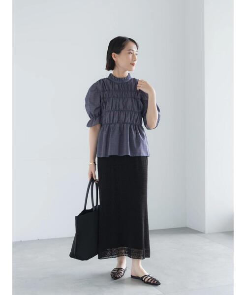 Te chichi(テチチ)の「スタンドフリルシャーリングブラウス(シャツ/ブラウス・レディース・ネイビー/オフホワイト/ブルー・F)」の10枚目の写真