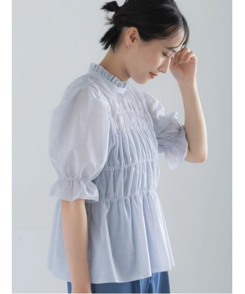 Te chichi(テチチ)の「スタンドフリルシャーリングブラウス(シャツ/ブラウス・レディース・ネイビー/オフホワイト/ブルー・F)」の1枚目の写真