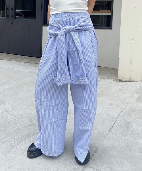 ROGER AND RAW(ロジャーアンドロウ)の「腰巻レイヤード ストライプ イージーパンツ(その他パンツ・レディース・ライトブルー/ライトブラック・FREE)」の7枚目の写真