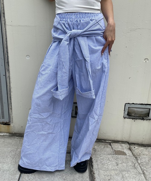 ROGER AND RAW(ロジャーアンドロウ)の「腰巻レイヤード ストライプ イージーパンツ(その他パンツ・レディース・ライトブルー/ライトブラック・FREE)」の18枚目の写真