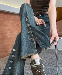 ボタンスリットデニムフレアパンツ
