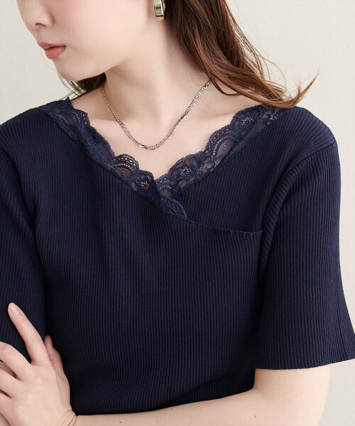 natural couture(ナチュラルクチュール)の「【sherbet line】アシメレースネック半袖ニット(ニット/セーター・レディース・サックスブルー/オフホワイト/ピンク/ブラック/ネイビー・FREE)」の1枚目の写真