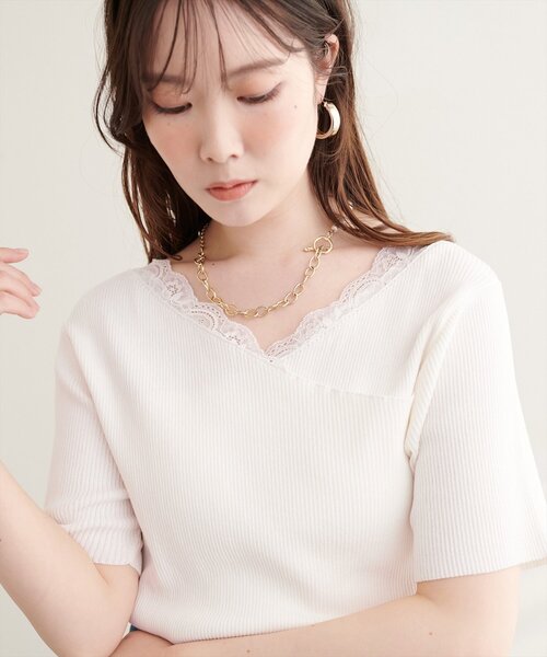 natural couture(ナチュラルクチュール)の「【sherbet line】アシメレースネック半袖ニット(ニット/セーター・レディース・サックスブルー/オフホワイト/ピンク/ブラック/ネイビー・FREE)」の6枚目の写真