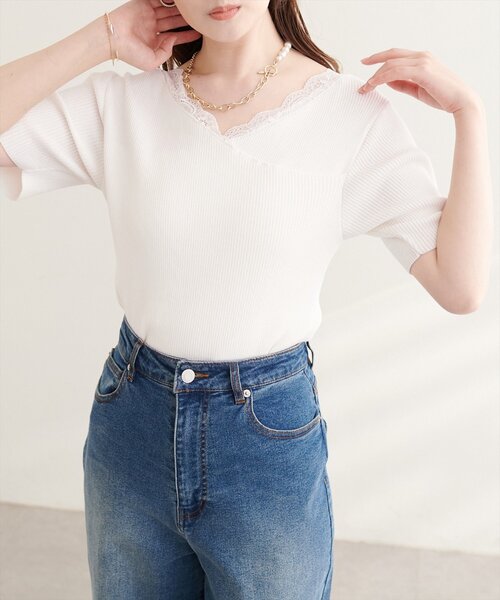 natural couture(ナチュラルクチュール)の「【sherbet line】アシメレースネック半袖ニット(ニット/セーター・レディース・サックスブルー/オフホワイト/ピンク/ブラック/ネイビー・FREE)」の7枚目の写真