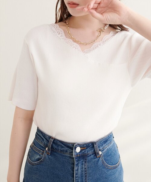 natural couture(ナチュラルクチュール)の「【sherbet line】アシメレースネック半袖ニット(ニット/セーター・レディース・サックスブルー/オフホワイト/ピンク/ブラック/ネイビー・FREE)」の8枚目の写真