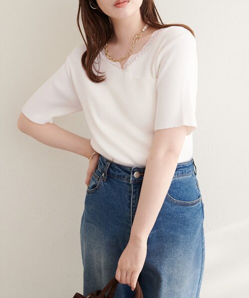 natural couture(ナチュラルクチュール)の「【sherbet line】アシメレースネック半袖ニット(ニット/セーター・レディース・サックスブルー/オフホワイト/ピンク/ブラック/ネイビー・FREE)」の9枚目の写真