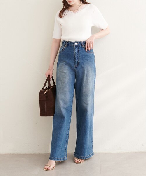 natural couture(ナチュラルクチュール)の「【sherbet line】アシメレースネック半袖ニット(ニット/セーター・レディース・サックスブルー/オフホワイト/ピンク/ブラック/ネイビー・FREE)」の10枚目の写真