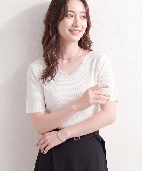natural couture(ナチュラルクチュール)の「【sherbet line】アシメレースネック半袖ニット(ニット/セーター・レディース・サックスブルー/オフホワイト/ピンク/ブラック/ネイビー・FREE)」の11枚目の写真