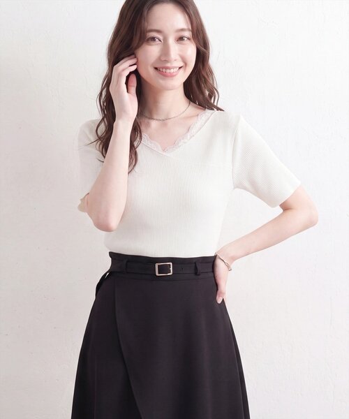 natural couture(ナチュラルクチュール)の「【sherbet line】アシメレースネック半袖ニット(ニット/セーター・レディース・サックスブルー/オフホワイト/ピンク/ブラック/ネイビー・FREE)」の12枚目の写真