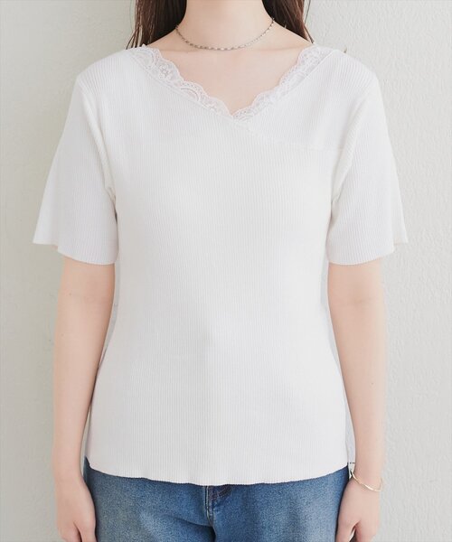 natural couture(ナチュラルクチュール)の「【sherbet line】アシメレースネック半袖ニット(ニット/セーター・レディース・サックスブルー/オフホワイト/ピンク/ブラック/ネイビー・FREE)」の14枚目の写真