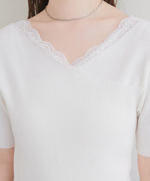 natural couture(ナチュラルクチュール)の「【sherbet line】アシメレースネック半袖ニット(ニット/セーター・レディース・サックスブルー/オフホワイト/ピンク/ブラック/ネイビー・FREE)」の17枚目の写真