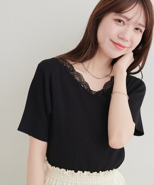 natural couture(ナチュラルクチュール)の「【sherbet line】アシメレースネック半袖ニット(ニット/セーター・レディース・サックスブルー/オフホワイト/ピンク/ブラック/ネイビー・FREE)」の21枚目の写真