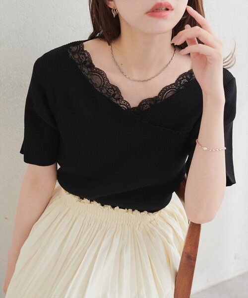 natural couture(ナチュラルクチュール)の「【sherbet line】アシメレースネック半袖ニット(ニット/セーター・レディース・サックスブルー/オフホワイト/ピンク/ブラック/ネイビー・FREE)」の22枚目の写真