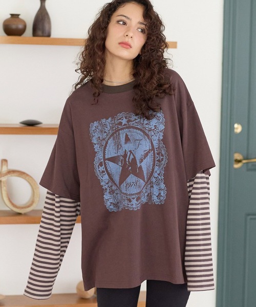 PBLIM（ページボーイリム）の「《UNISEX》レイヤードグラフィックロンT（Tシャツ/カットソー・レディース・ブラウン/カーキ・FREE）」の2枚目の写真