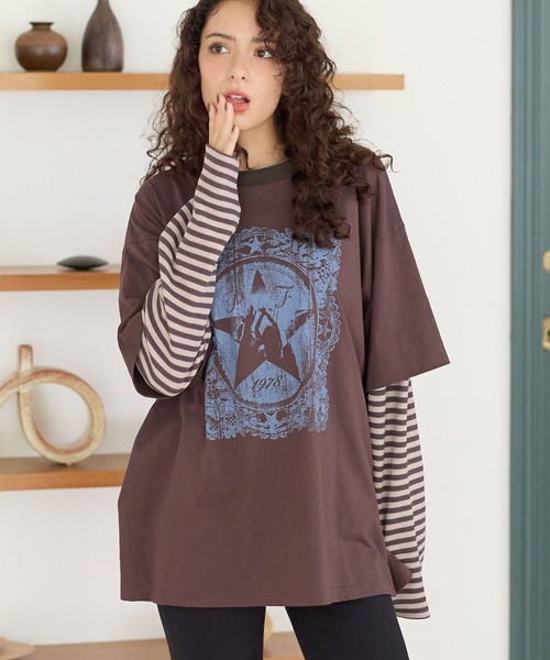 PBLIM（ページボーイリム）の「《UNISEX》レイヤードグラフィックロンT（Tシャツ/カットソー・レディース・ブラウン/カーキ・FREE）」の4枚目の写真