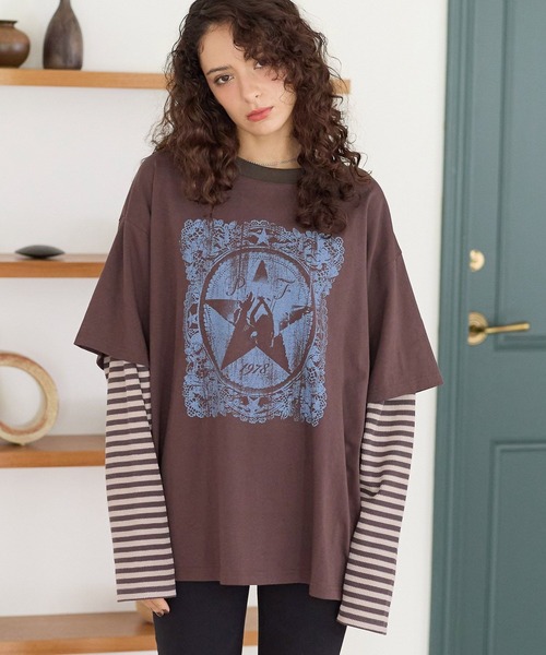 PBLIM（ページボーイリム）の「《UNISEX》レイヤードグラフィックロンT（Tシャツ/カットソー・レディース・ブラウン/カーキ・FREE）」の5枚目の写真