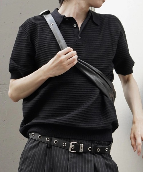 Chikashitsu +(チカシツプラス)の「【Chikashitsu +】Dry-Touch Rib Knit Polo (2color) / 【チカシツプラス】ドライタッチリブニット半袖ポロシャツ(ポロシャツ・メンズ・ブラック・ONE SIZE)」の2枚目の写真