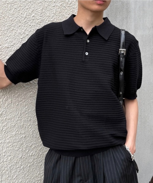 Chikashitsu +(チカシツプラス)の「【Chikashitsu +】Dry-Touch Rib Knit Polo (2color) / 【チカシツプラス】ドライタッチリブニット半袖ポロシャツ(ポロシャツ・メンズ・ブラック・ONE SIZE)」の7枚目の写真