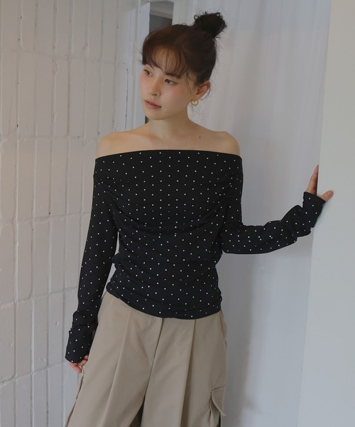 Mili affinity(ミリアフィニティー)の「ドットドレープオフショルTシャツ(Tシャツ/カットソー・レディース・杢グレー/ブラック/オフホワイト・FREE)」の15枚目の写真