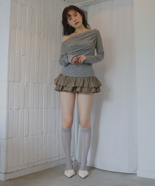Mili affinity(ミリアフィニティー)の「ドットドレープオフショルTシャツ(Tシャツ/カットソー・レディース・杢グレー/ブラック/オフホワイト・FREE)」の18枚目の写真