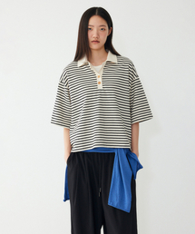 ストライプセミクロップカラー半袖Tシャツ_アイボリー_9176322999