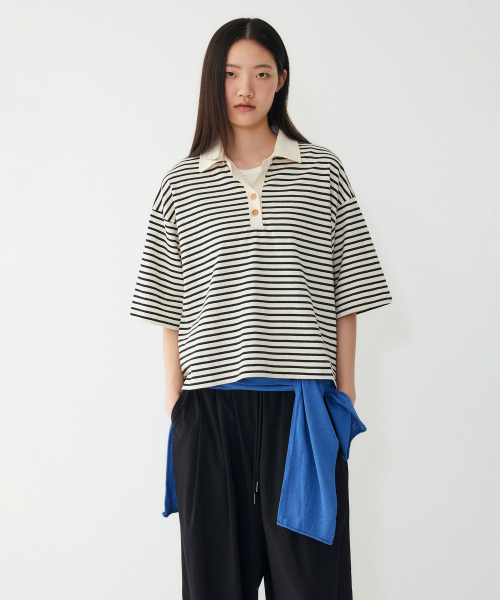 STUDIO TOMBOY(スタジオトムボーイ)の「ストライプセミクロップカラー半袖Tシャツ_アイボリー_9176322999(Tシャツ/カットソー・レディース・アイボリー・OS)」の1枚目の写真
