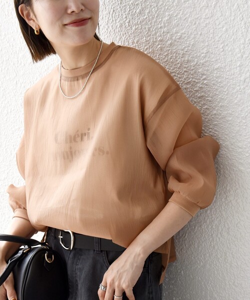 SHIPS any:〈手洗い可能〉シアー ワイド トップス × フレンチ ロゴ TEE