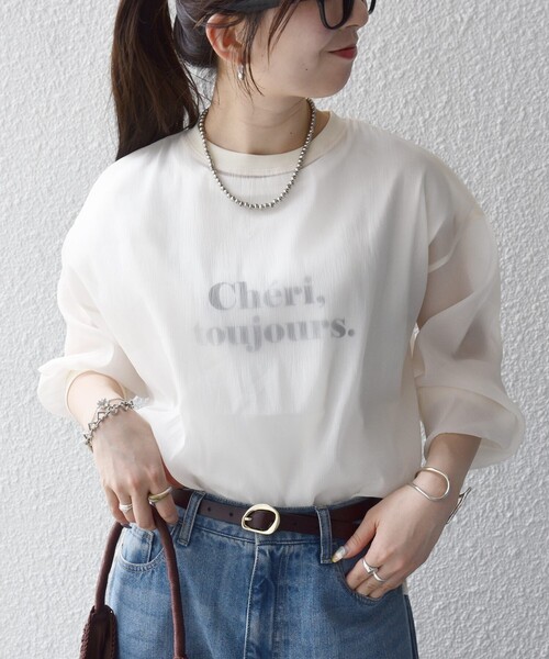 SHIPS any(シップス エニィ)の「SHIPS any:〈手洗い可能〉シアー ワイド トップス × フレンチ ロゴ TEE(シャツ/ブラウス・レディース・ブラック/ナチュラル/キャメル・ONE SIZE)」の6枚目の写真