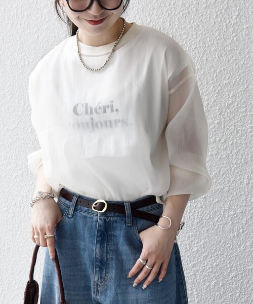 SHIPS any(シップス エニィ)の「SHIPS any:〈手洗い可能〉シアー ワイド トップス × フレンチ ロゴ TEE(シャツ/ブラウス・レディース・ブラック/ナチュラル/キャメル・ONE SIZE)」の7枚目の写真