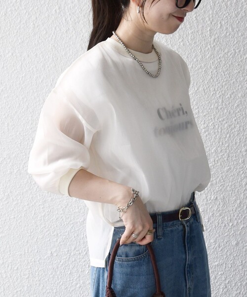 SHIPS any(シップス エニィ)の「SHIPS any:〈手洗い可能〉シアー ワイド トップス × フレンチ ロゴ TEE(シャツ/ブラウス・レディース・ブラック/ナチュラル/キャメル・ONE SIZE)」の8枚目の写真