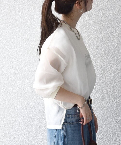 SHIPS any(シップス エニィ)の「SHIPS any:〈手洗い可能〉シアー ワイド トップス × フレンチ ロゴ TEE(シャツ/ブラウス・レディース・ブラック/ナチュラル/キャメル・ONE SIZE)」の9枚目の写真