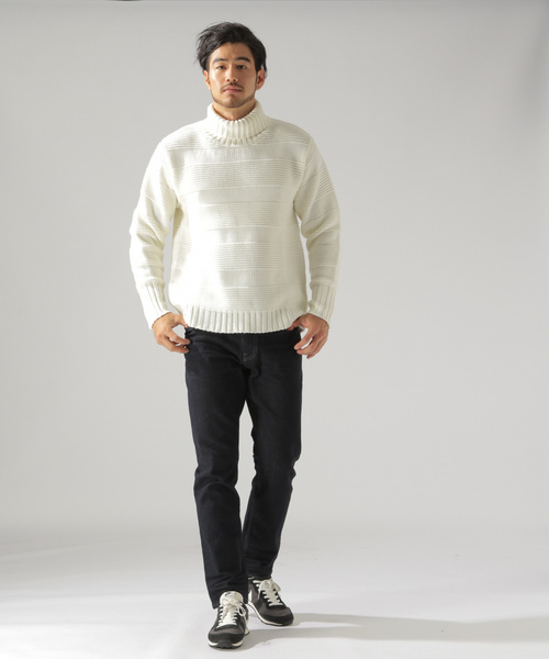 BAYFLOW（ベイフロー）の「アクリルジャガードボーダータートルプルオーバー（ニット/セーター・メンズ・ブラック/オフホワイト/カーキ・SMALL/MEDIUM/LARGE）」の15枚目の写真