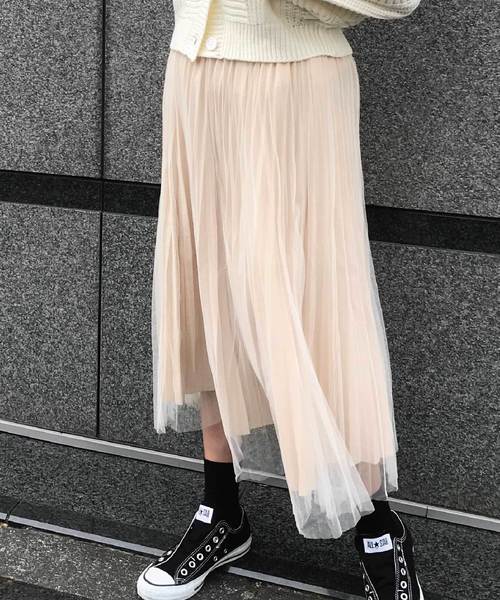 meJane（ミージェーン）の「チュール×サテンプリーツスカート（スカート・レディース・ブラック/ベージュ/グレー・フリー）」の3枚目の写真