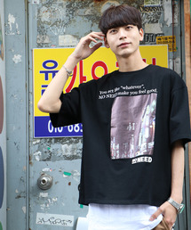 ハーフスリーブフォト&メッセージプリントオーバーサイズTシャツ