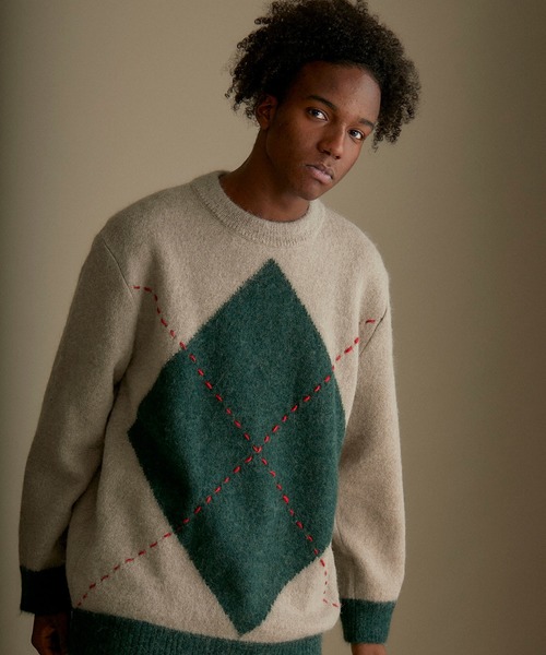 WRAPINKNOT（ラッピンノット）の「【WRAPINKNOT】別注ダイヤ柄プルオーバー（ニット/セーター・メンズ・ベージュ/ダークグレー・2/3）」の12枚目の写真