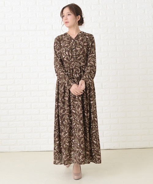 UNIQLO ユニクロ プリントVネックロングシャツワンピース 花柄 S